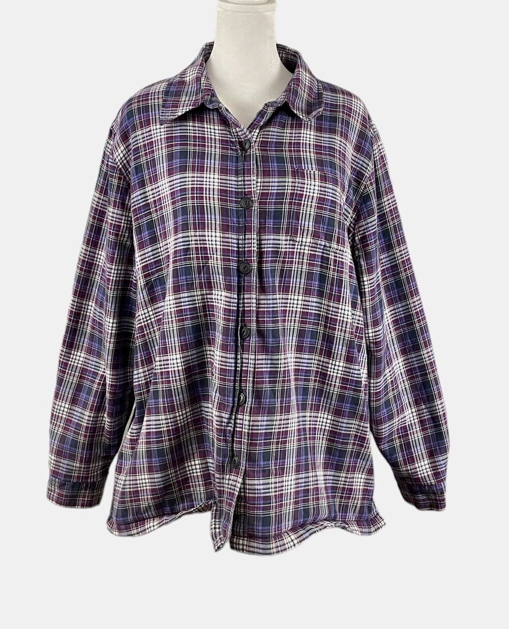 LL Bean Women's LP Fleece Lined Shirt Shacket Purple Plaid Button Front Petite